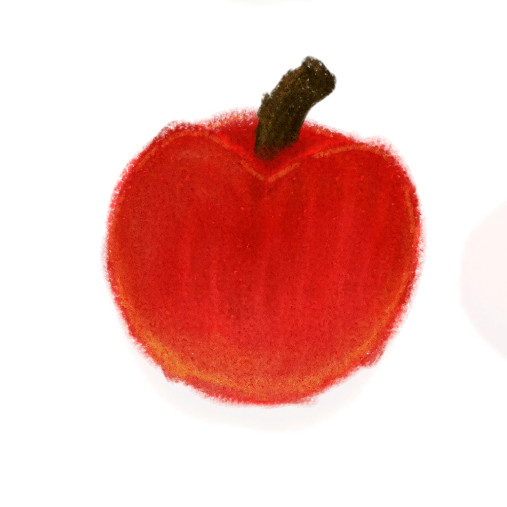 a big red apple with yellow highlights and a brown stem, stylized from the game animal crossing